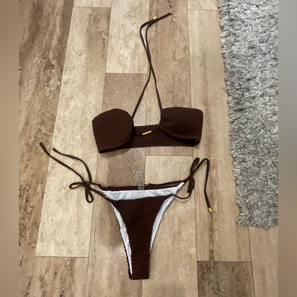 Smocked tie side bikini swimsuit